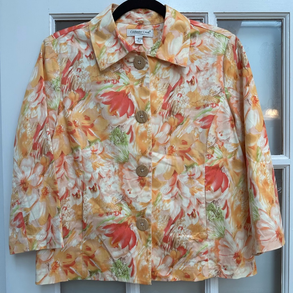 Coldwater Creek Chic Watercolor Floral Button-Front Spring Jacket  Blazer Size S